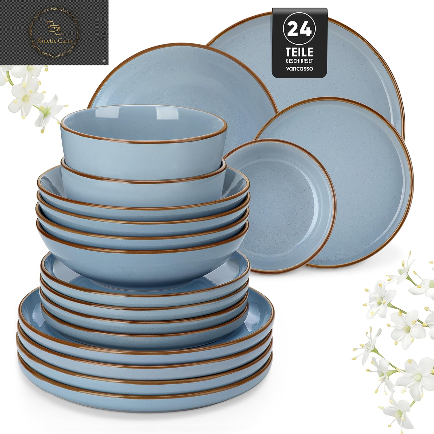  Vancasso Playa Series 24-Piece Dinner Set, Stoneware Plates and Bowls Set for 6, Mediterranean Style Crockery Set in Vibrant Blue, Playa Series Dinner Service Set, Dishwasher & Microwave Safe