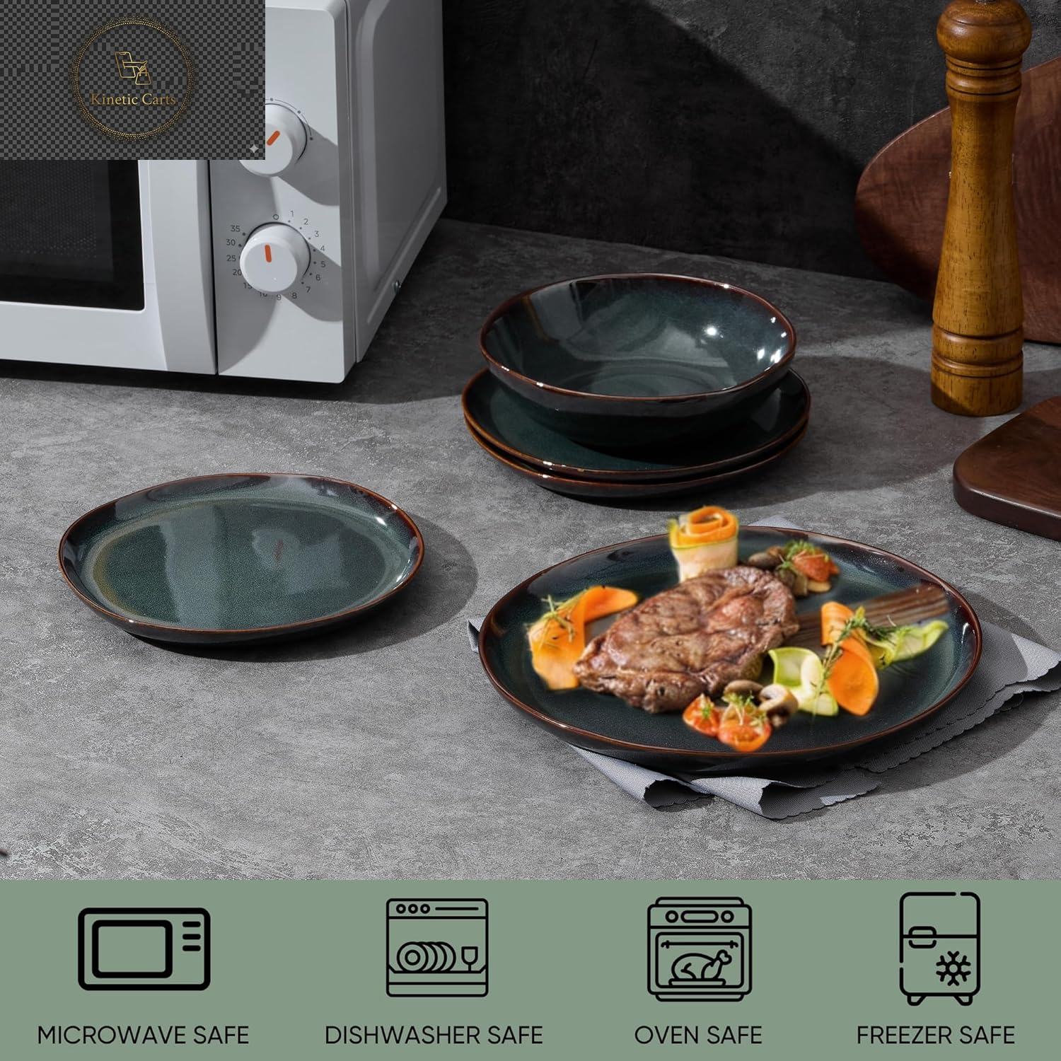 Joyfair Dinner Set, 12 Pieces Stoneware Dinnerware Set Service for 4, Reactive Glaze Irregular Shape Plates and Bowls, Chip & Scratch Resistant, Microwave & Dishwasher Safe, Blackish Green