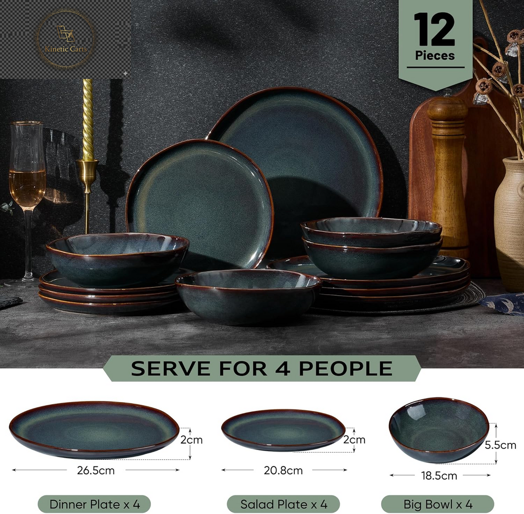 Joyfair Dinner Set, 12 Pieces Stoneware Dinnerware Set Service for 4, Reactive Glaze Irregular Shape Plates and Bowls, Chip & Scratch Resistant, Microwave & Dishwasher Safe, Blackish Green