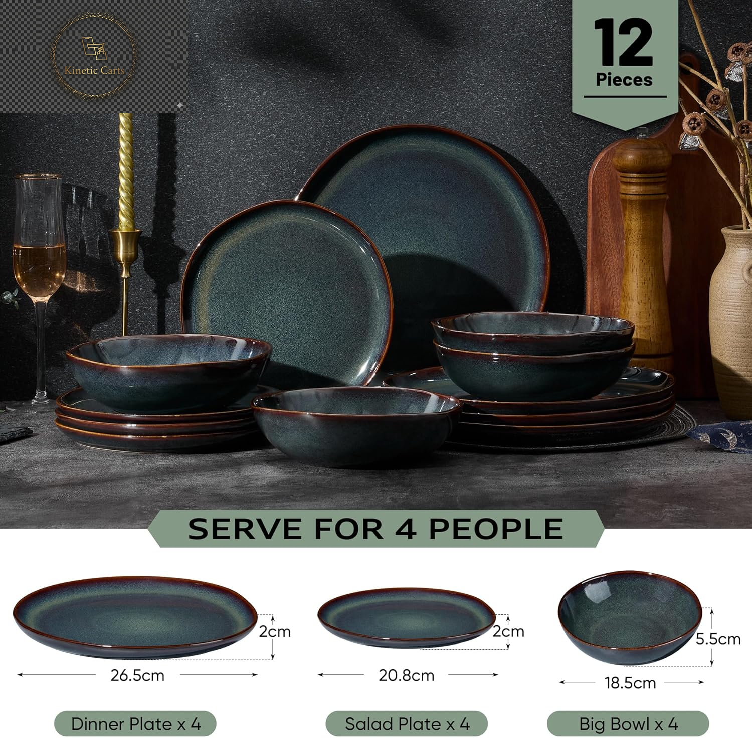 Joyfair Dinner Set, 12 Pieces Stoneware Dinnerware Set Service for 4, Reactive Glaze Irregular Shape Plates and Bowls, Chip & Scratch Resistant, Microwave & Dishwasher Safe, Blackish Green