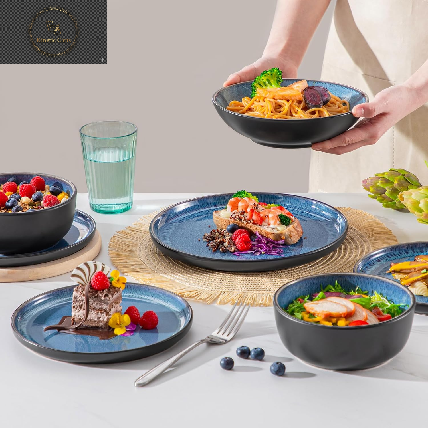  Vancasso Playa Series 24-Piece Dinner Set, Stoneware Plates and Bowls Set for 6, Mediterranean Style Crockery Set in Vibrant Blue, Playa Series Dinner Service Set, Dishwasher & Microwave Safe