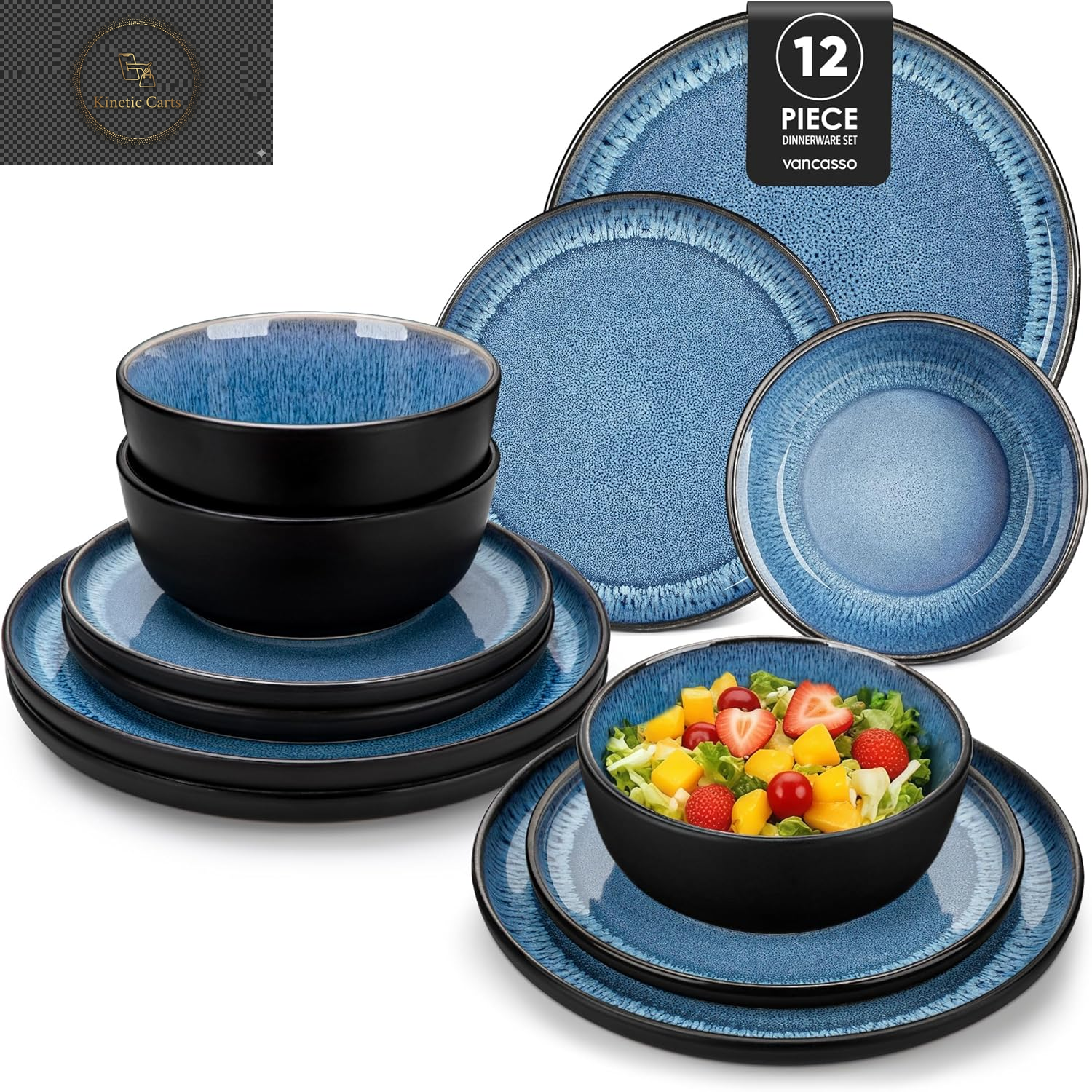  Vancasso Playa Series 24-Piece Dinner Set, Stoneware Plates and Bowls Set for 6, Mediterranean Style Crockery Set in Vibrant Blue, Playa Series Dinner Service Set, Dishwasher & Microwave Safe