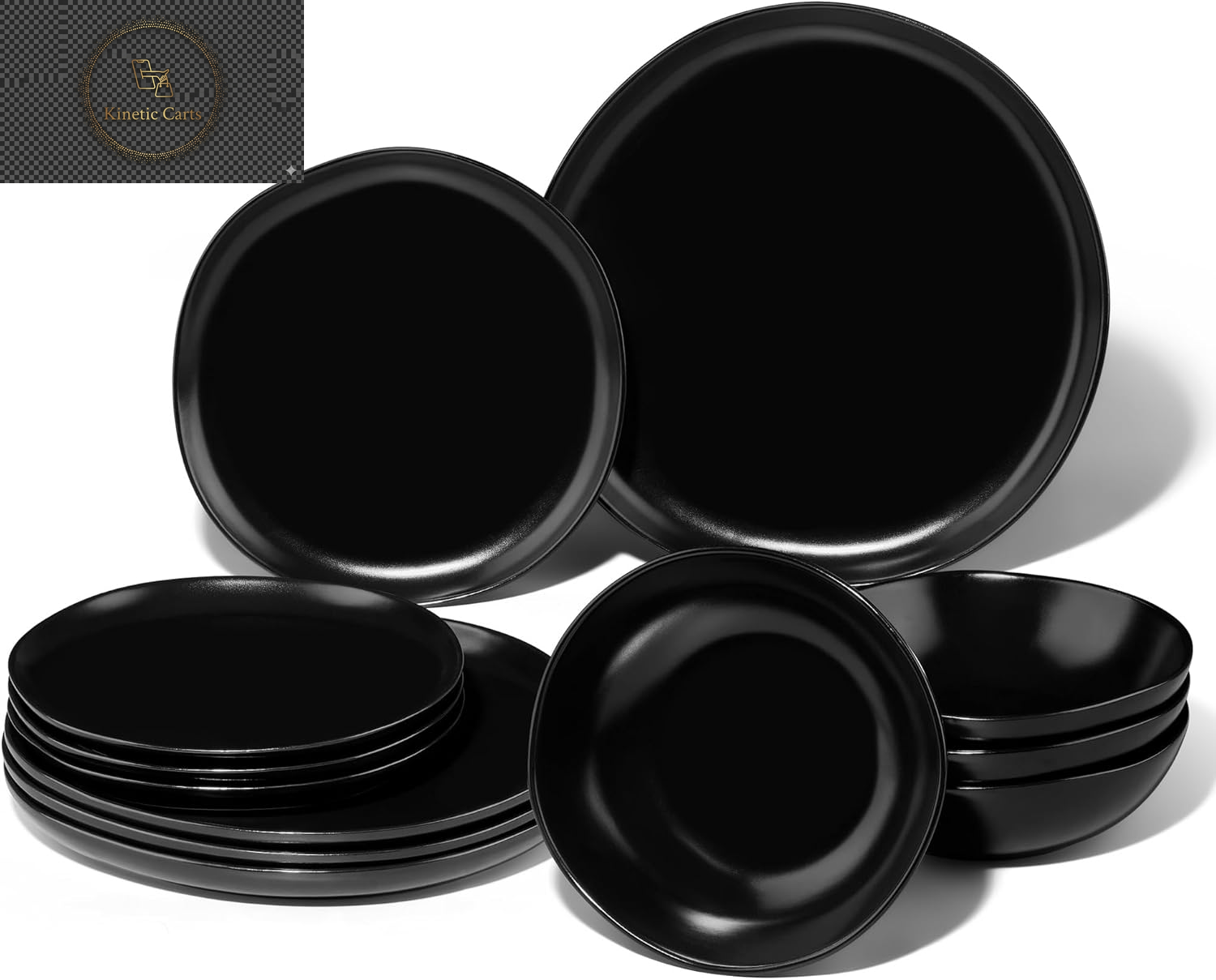 Joyfair Dinner Set, 12 Pieces Stoneware Dinnerware Set Service for 4, Reactive Glaze Irregular Shape Plates and Bowls, Chip & Scratch Resistant, Microwave & Dishwasher Safe, Blackish Green