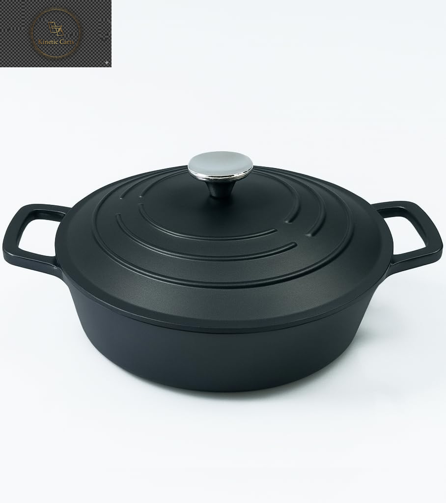 Casserole Dish with Lid Medium 4L, 28Cm – Lightweight Cast Aluminium Casserole Pan Shallow Induction Hob & Oven Safe, Durable Non-Stick Cooking Pot Stew, Roast (Black, 28Cm - Shallow)