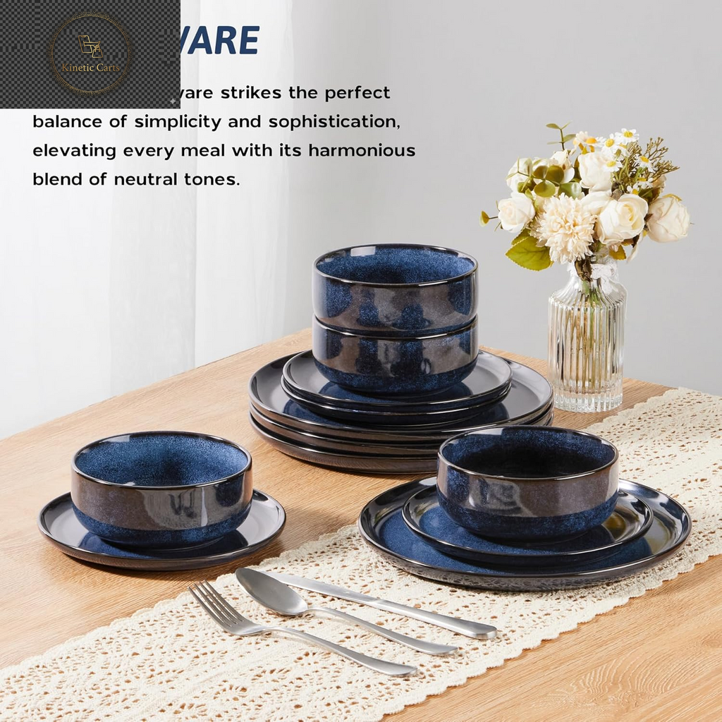 HaWare Dinner Set, 12 Piece Stoneware Dinnerware Service for 4, Reactive Glaze Dining Ware Include Plates and Bowls, Chip and Scratch Resistant, Microwave & Dishwasher Safe, Nebulas Blue