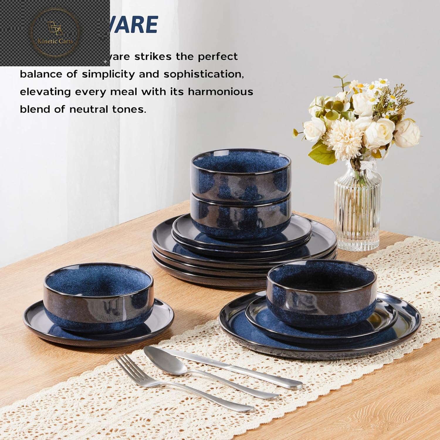 HaWare Dinner Set, 12 Piece Stoneware Dinnerware Service for 4, Reactive Glaze Dining Ware Include Plates and Bowls, Chip and Scratch Resistant, Microwave & Dishwasher Safe, Nebulas Blue
