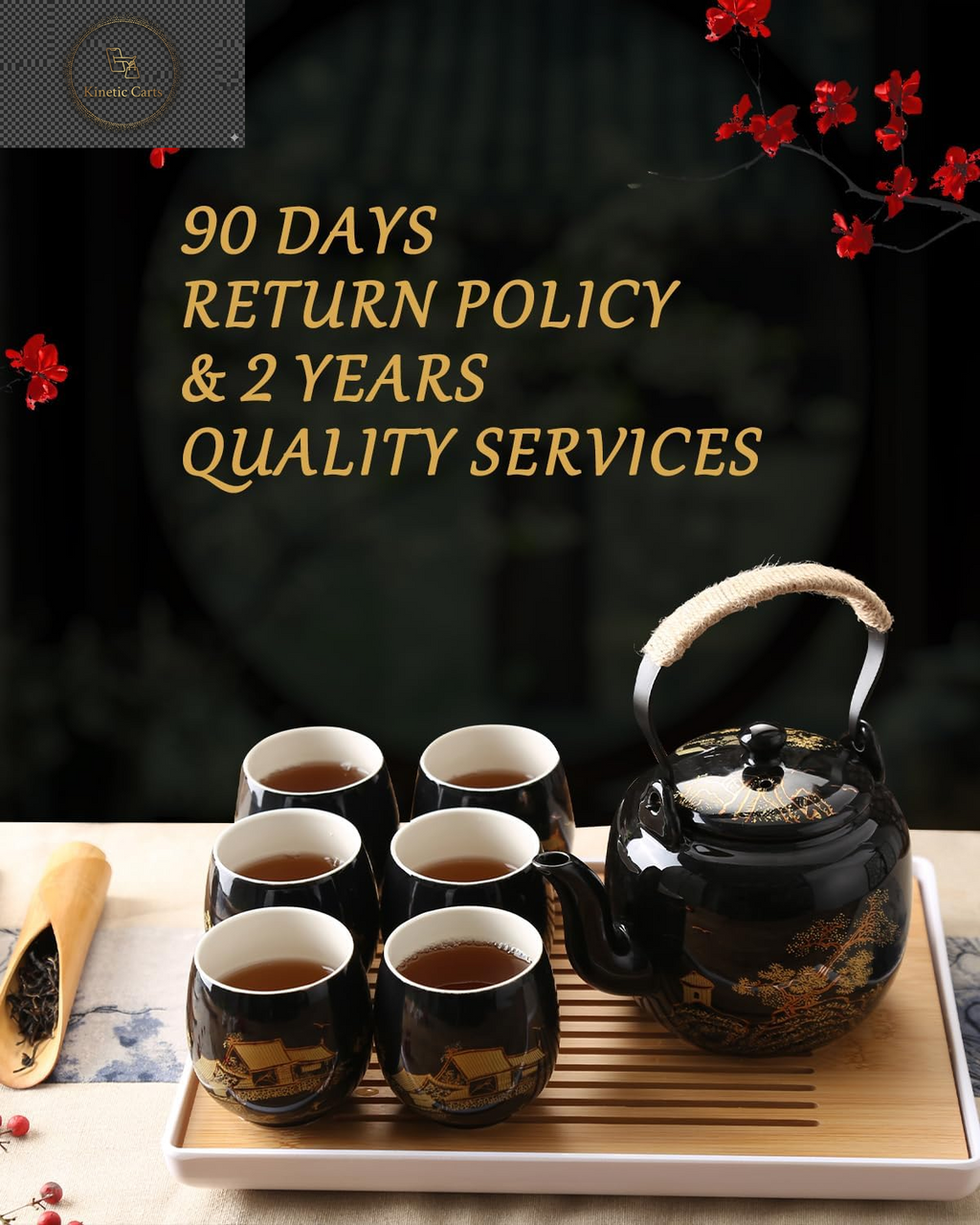 Japanese Tea Set, Black Porcelain Tea Set with 1 Teapot Set, 6 Tea Cups, 1 Tea Tray, 1 Stainless Infuser, Beautiful Asian Tea Set for Tea Lover/Women/Men (Countryside in Golden)