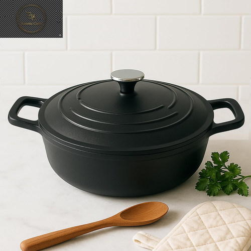 Casserole Dish with Lid Medium 4L, 28Cm – Lightweight Cast Aluminium Casserole Pan Shallow Induction Hob & Oven Safe, Durable Non-Stick Cooking Pot Stew, Roast (Black, 28Cm - Shallow)