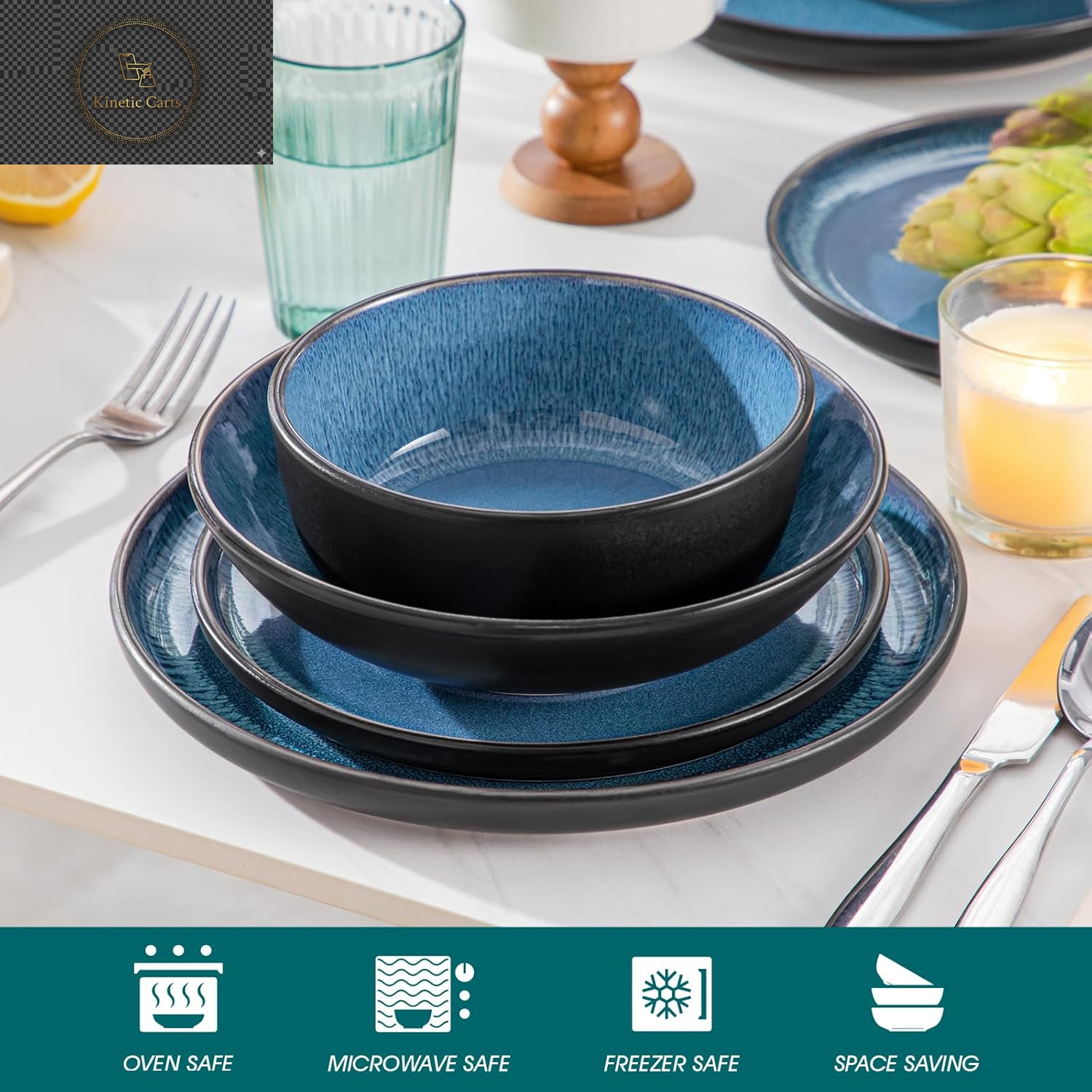  Vancasso Playa Series 24-Piece Dinner Set, Stoneware Plates and Bowls Set for 6, Mediterranean Style Crockery Set in Vibrant Blue, Playa Series Dinner Service Set, Dishwasher & Microwave Safe