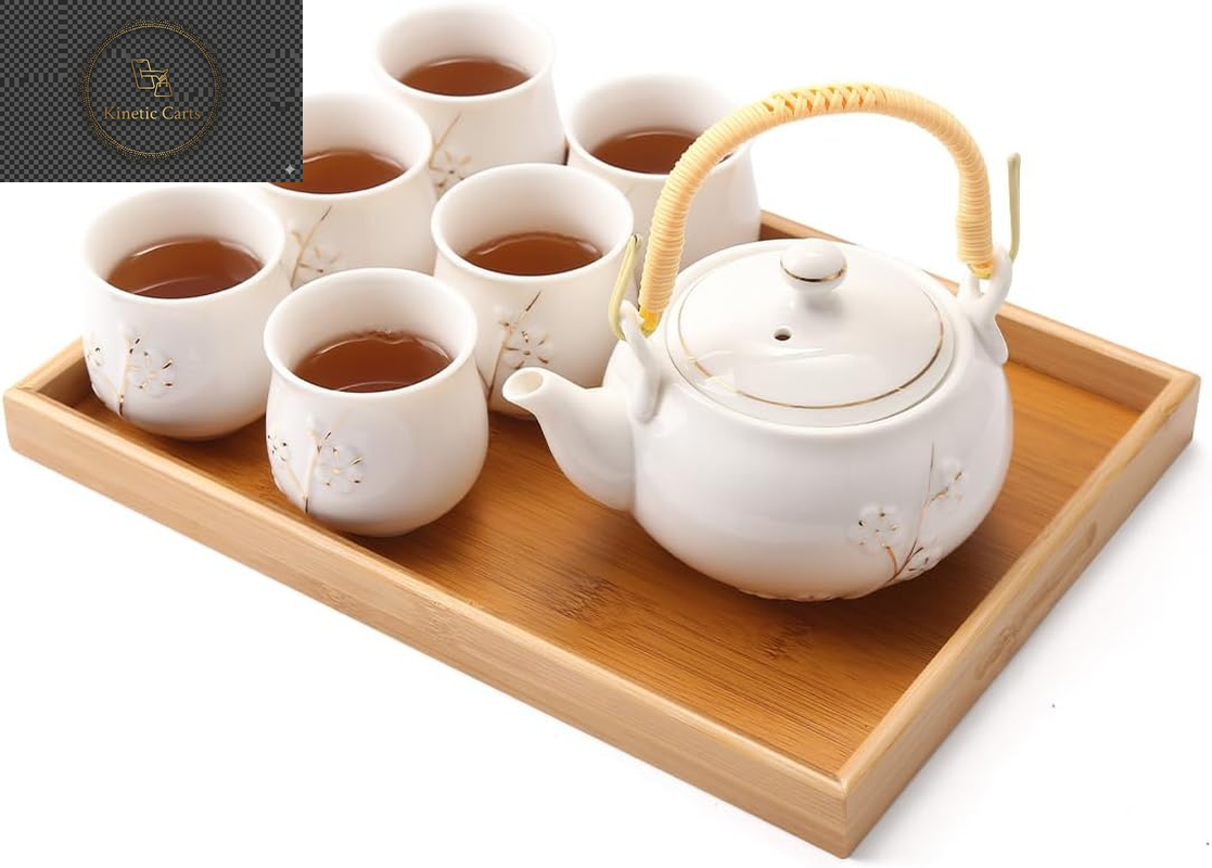 Japanese Tea Set, Black Porcelain Tea Set with 1 Teapot Set, 6 Tea Cups, 1 Tea Tray, 1 Stainless Infuser, Beautiful Asian Tea Set for Tea Lover/Women/Men (Countryside in Golden)