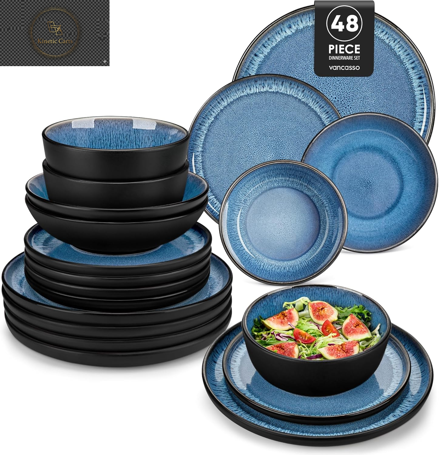  Vancasso Playa Series 24-Piece Dinner Set, Stoneware Plates and Bowls Set for 6, Mediterranean Style Crockery Set in Vibrant Blue, Playa Series Dinner Service Set, Dishwasher & Microwave Safe