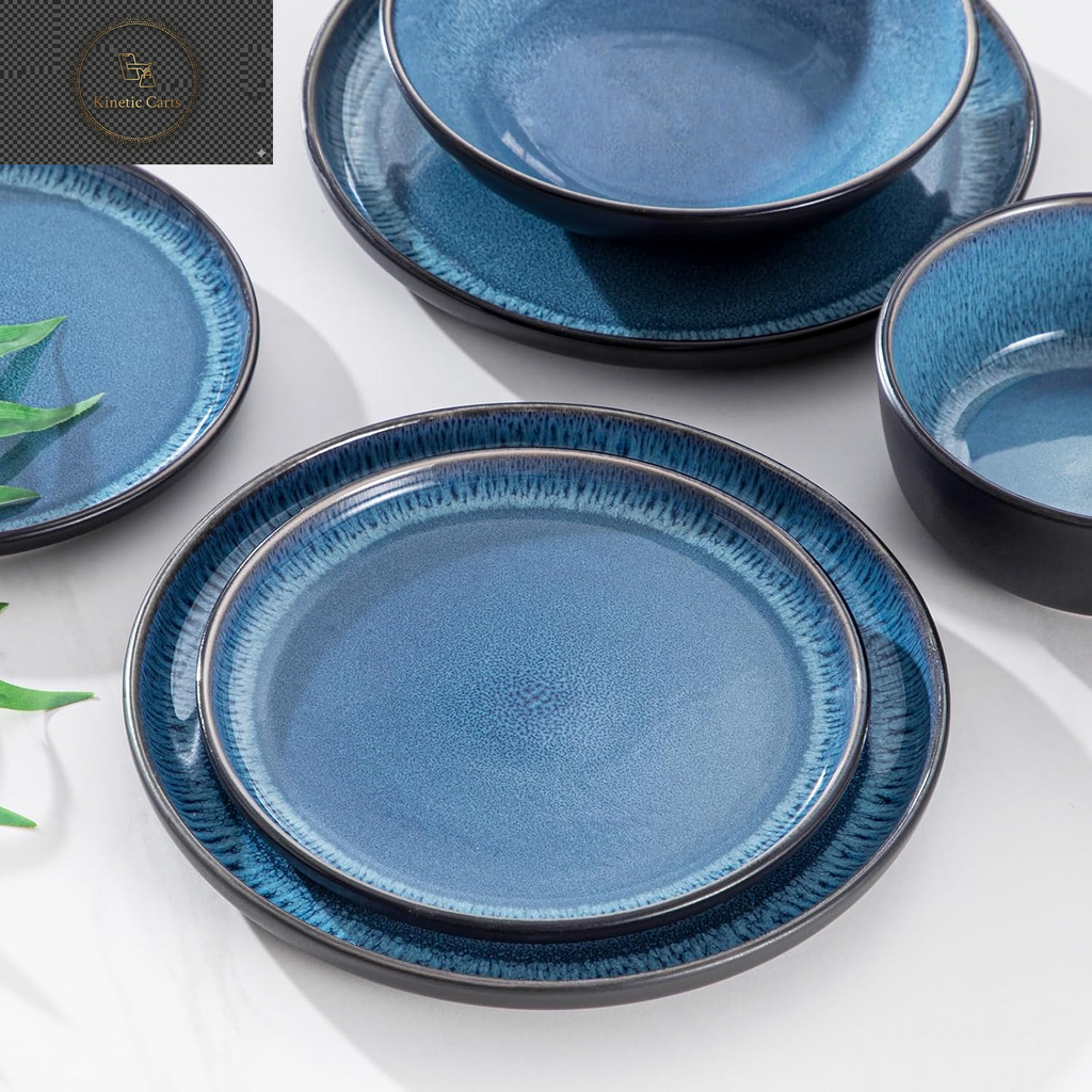  Vancasso Playa Series 24-Piece Dinner Set, Stoneware Plates and Bowls Set for 6, Mediterranean Style Crockery Set in Vibrant Blue, Playa Series Dinner Service Set, Dishwasher & Microwave Safe