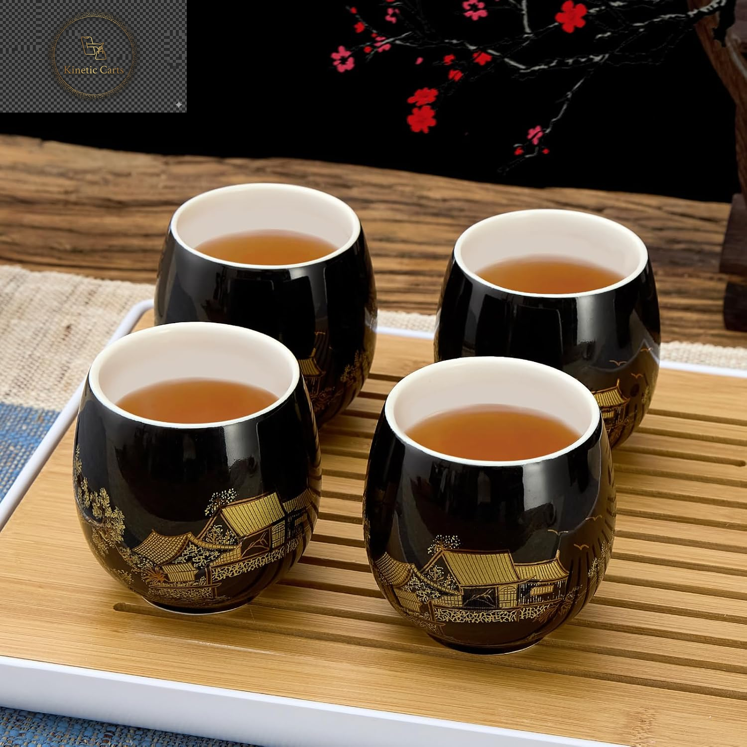 Japanese Tea Set, Black Porcelain Tea Set with 1 Teapot Set, 6 Tea Cups, 1 Tea Tray, 1 Stainless Infuser, Beautiful Asian Tea Set for Tea Lover/Women/Men (Countryside in Golden)