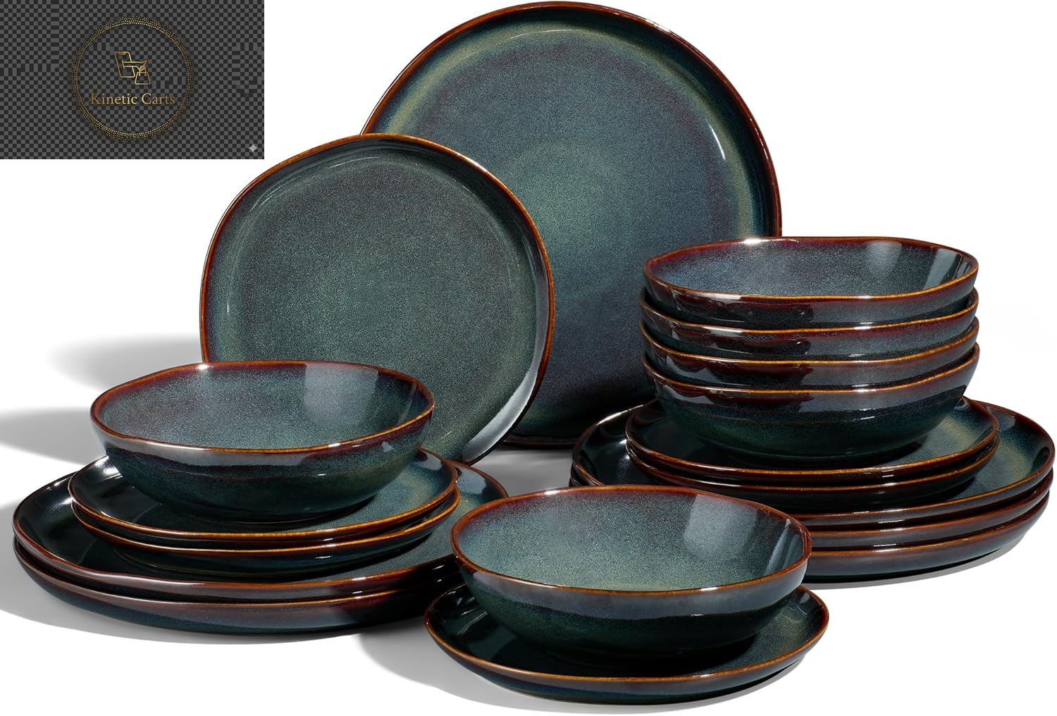 Joyfair Dinner Set, 12 Pieces Stoneware Dinnerware Set Service for 4, Reactive Glaze Irregular Shape Plates and Bowls, Chip & Scratch Resistant, Microwave & Dishwasher Safe, Blackish Green
