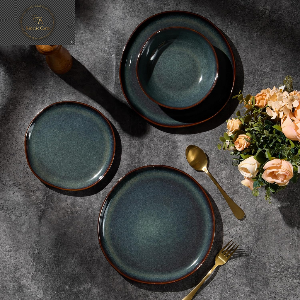 Joyfair Dinner Set, 12 Pieces Stoneware Dinnerware Set Service for 4, Reactive Glaze Irregular Shape Plates and Bowls, Chip & Scratch Resistant, Microwave & Dishwasher Safe, Blackish Green