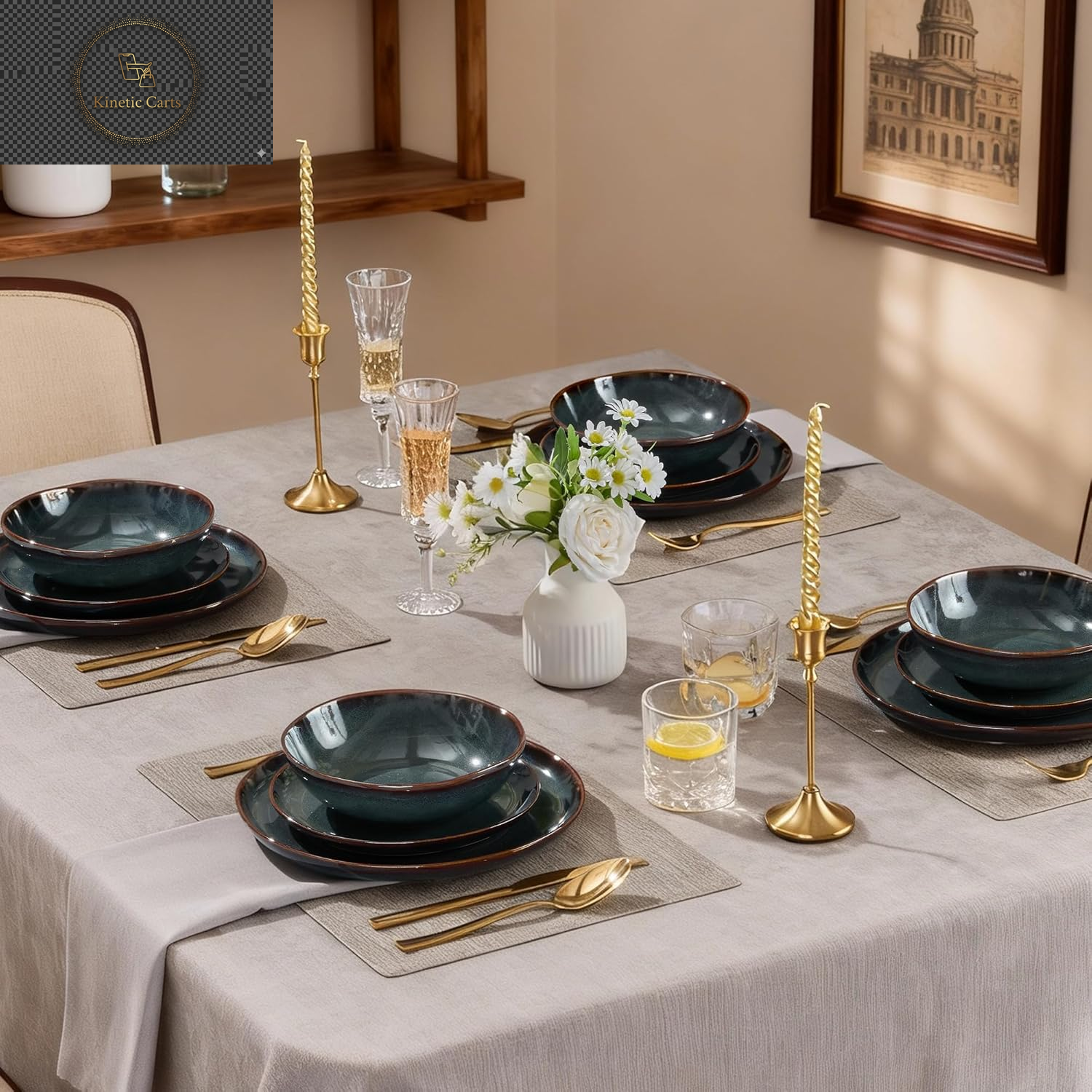 Joyfair Dinner Set, 12 Pieces Stoneware Dinnerware Set Service for 4, Reactive Glaze Irregular Shape Plates and Bowls, Chip & Scratch Resistant, Microwave & Dishwasher Safe, Blackish Green