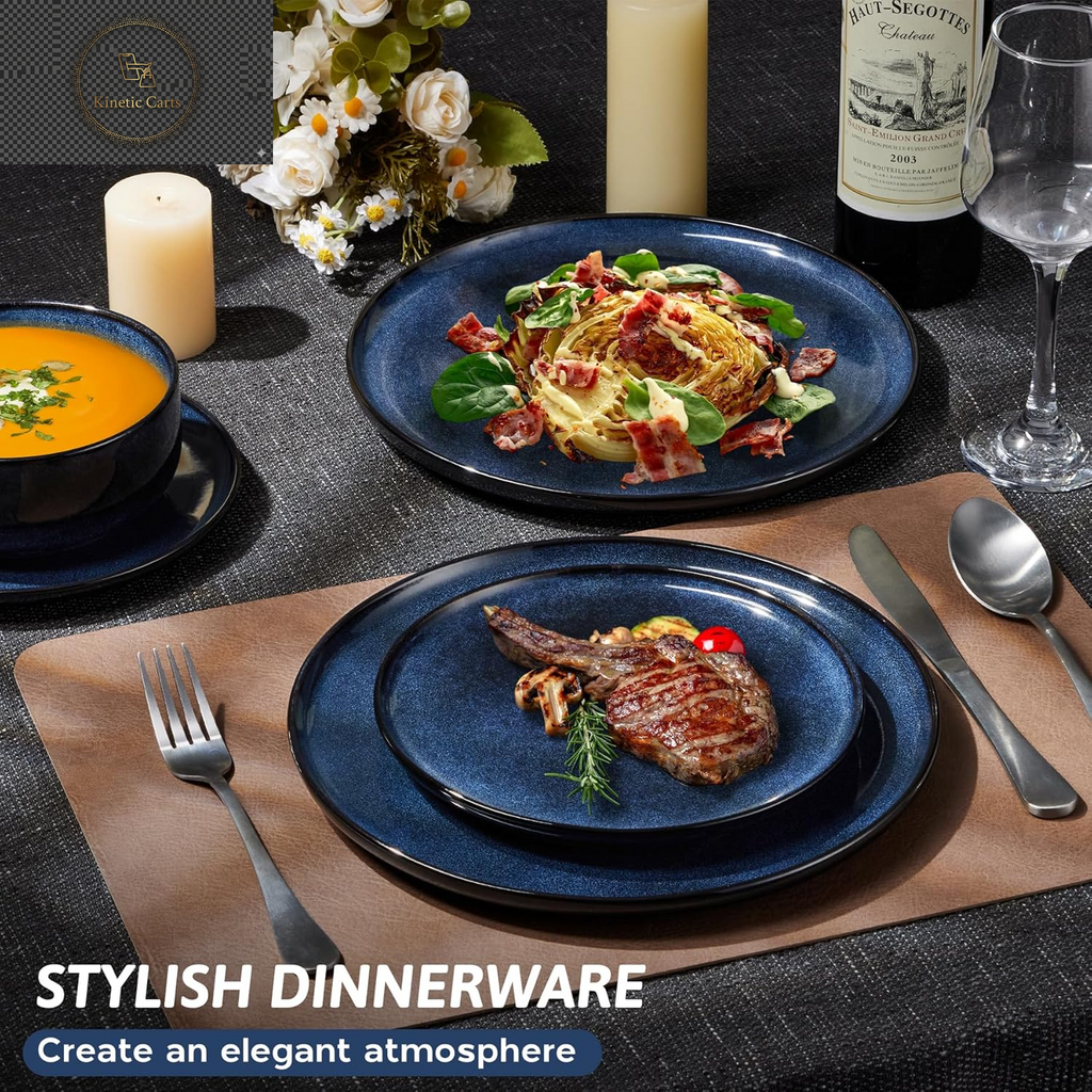 HaWare Dinner Set, 12 Piece Stoneware Dinnerware Service for 4, Reactive Glaze Dining Ware Include Plates and Bowls, Chip and Scratch Resistant, Microwave & Dishwasher Safe, Nebulas Blue
