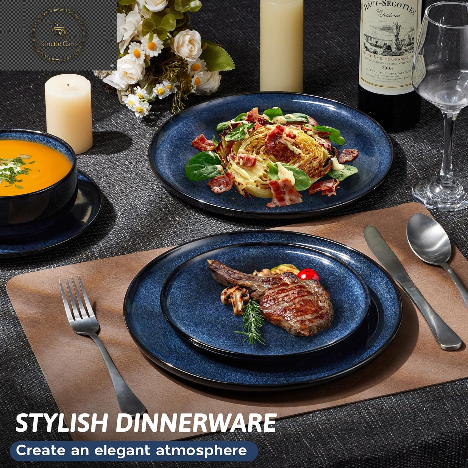 HaWare Dinner Set, 12 Piece Stoneware Dinnerware Service for 4, Reactive Glaze Dining Ware Include Plates and Bowls, Chip and Scratch Resistant, Microwave & Dishwasher Safe, Nebulas Blue