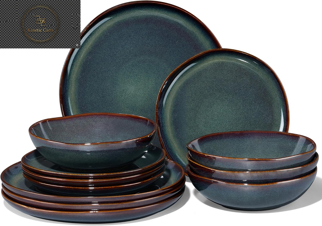 Joyfair Dinner Set, 12 Pieces Stoneware Dinnerware Set Service for 4, Reactive Glaze Irregular Shape Plates and Bowls, Chip & Scratch Resistant, Microwave & Dishwasher Safe, Blackish Green
