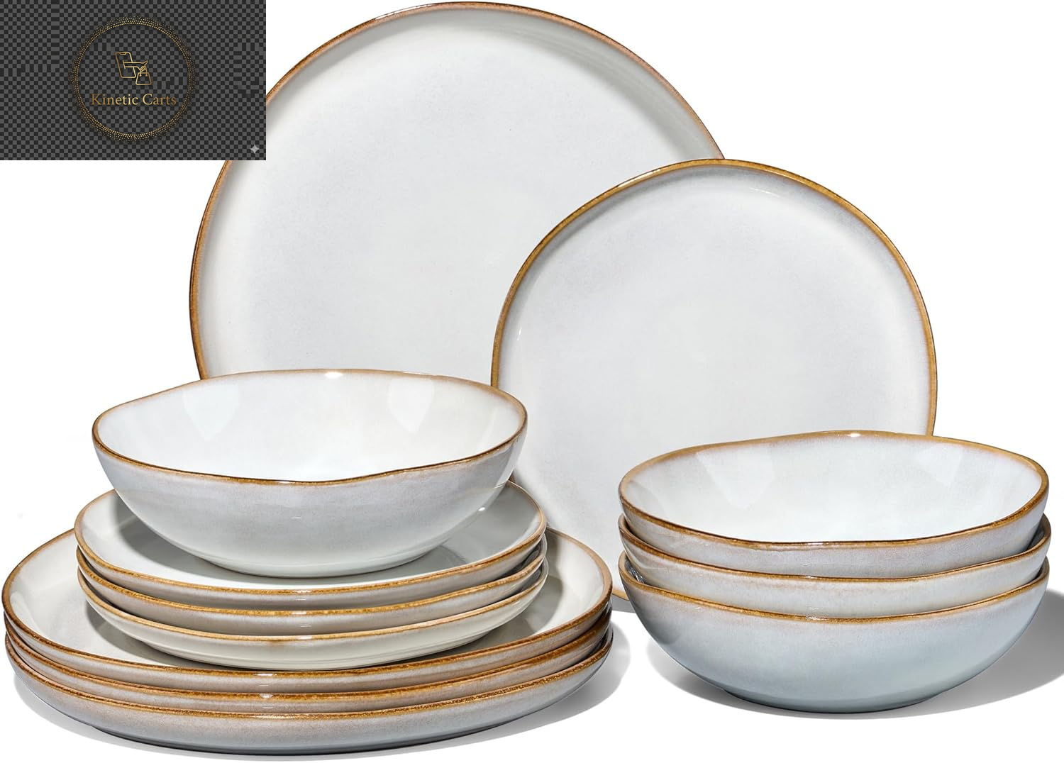 Joyfair Dinner Set, 12 Pieces Stoneware Dinnerware Set Service for 4, Reactive Glaze Irregular Shape Plates and Bowls, Chip & Scratch Resistant, Microwave & Dishwasher Safe, Blackish Green