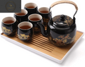 Japanese Tea Set, Black Porcelain Tea Set with 1 Teapot Set, 6 Tea Cups, 1 Tea Tray, 1 Stainless Infuser, Beautiful Asian Tea Set for Tea Lover/Women/Men (Countryside in Golden)