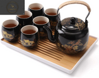 Japanese Tea Set, Black Porcelain Tea Set with 1 Teapot Set, 6 Tea Cups, 1 Tea Tray, 1 Stainless Infuser, Beautiful Asian Tea Set for Tea Lover/Women/Men (Countryside in Golden)