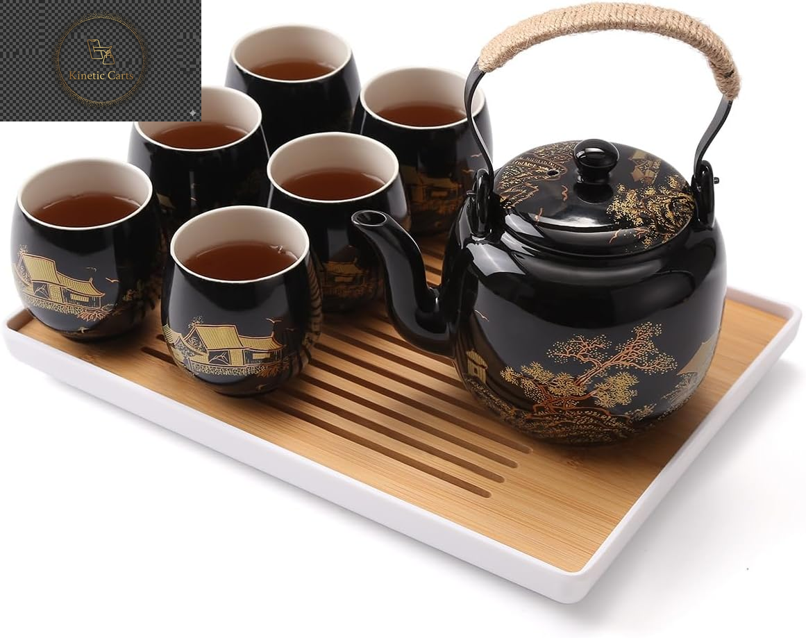 Japanese Tea Set, Black Porcelain Tea Set with 1 Teapot Set, 6 Tea Cups, 1 Tea Tray, 1 Stainless Infuser, Beautiful Asian Tea Set for Tea Lover/Women/Men (Countryside in Golden)