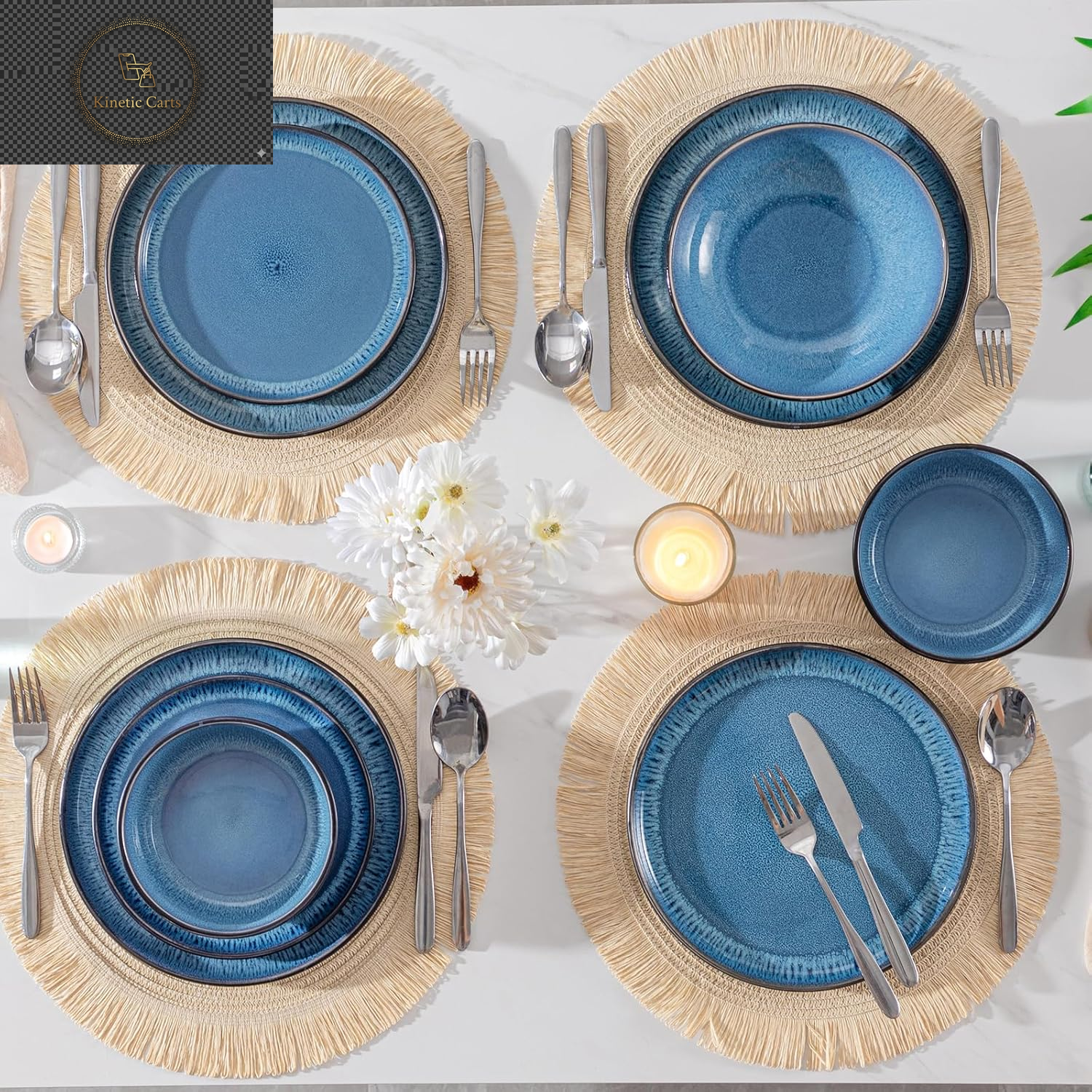  Vancasso Playa Series 24-Piece Dinner Set, Stoneware Plates and Bowls Set for 6, Mediterranean Style Crockery Set in Vibrant Blue, Playa Series Dinner Service Set, Dishwasher & Microwave Safe