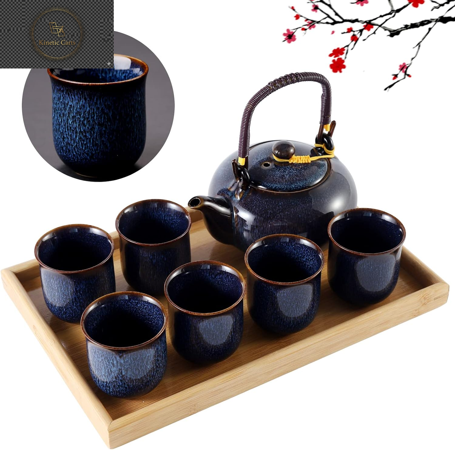 Japanese Tea Set, Black Porcelain Tea Set with 1 Teapot Set, 6 Tea Cups, 1 Tea Tray, 1 Stainless Infuser, Beautiful Asian Tea Set for Tea Lover/Women/Men (Countryside in Golden)