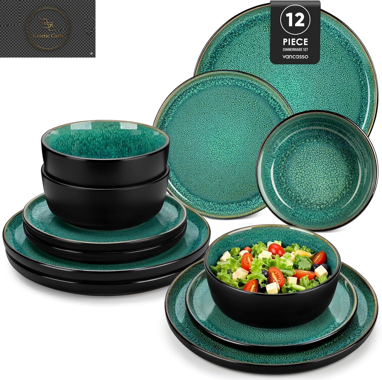  Vancasso Playa Series 24-Piece Dinner Set, Stoneware Plates and Bowls Set for 6, Mediterranean Style Crockery Set in Vibrant Blue, Playa Series Dinner Service Set, Dishwasher & Microwave Safe